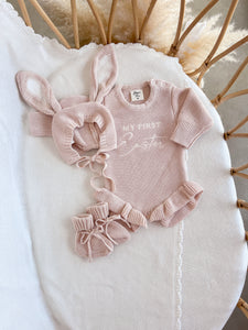 'My First Easter' Long Sleeve Frill Knit Romper - Pink Lemonade
