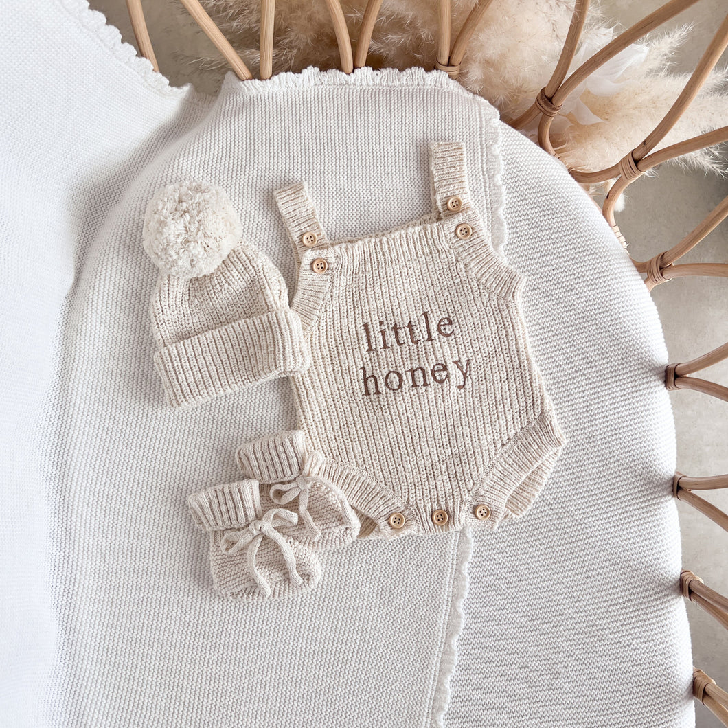 'Little Honey' Singlet Knit Romper & Beanie Bundle