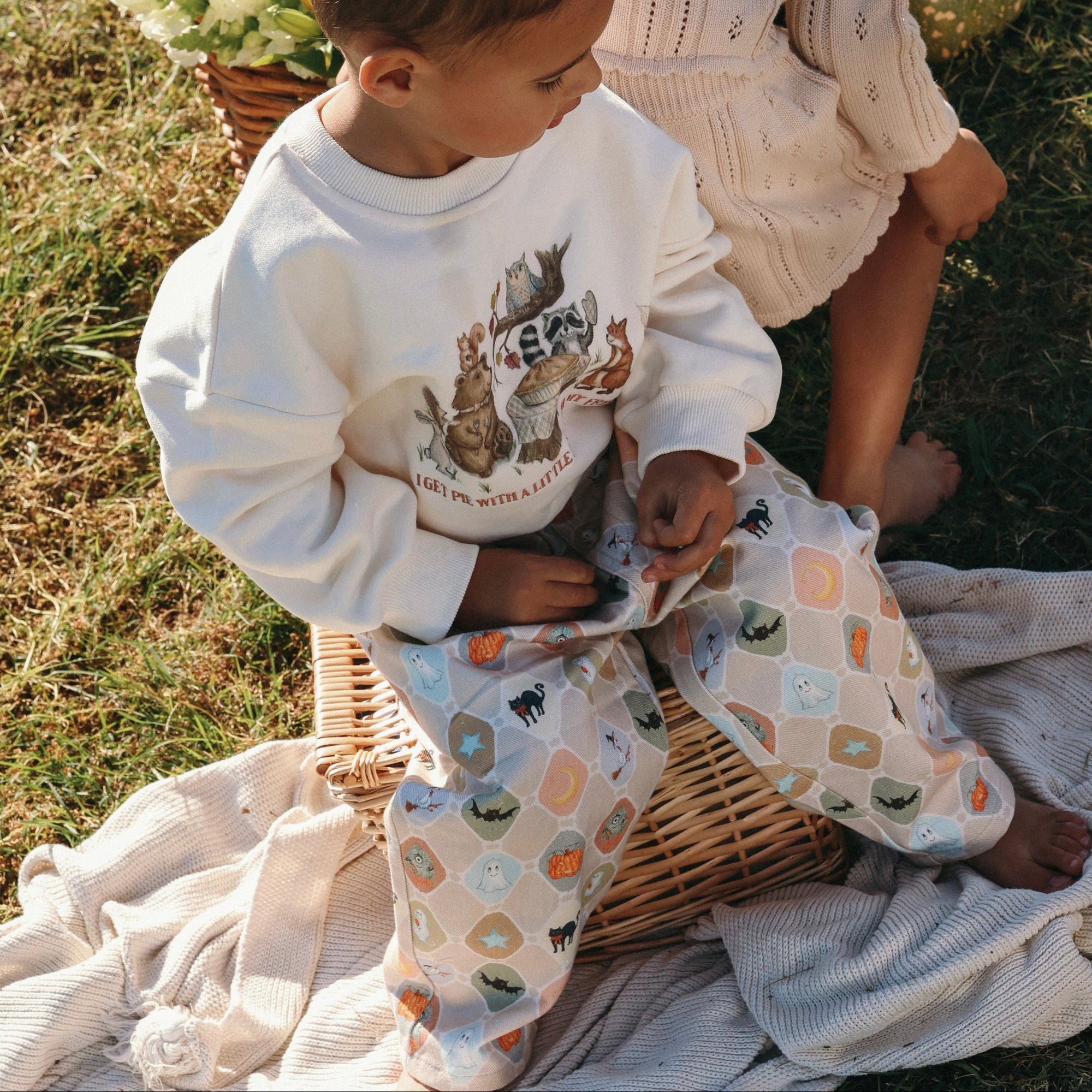Toddler in a woodland animals sweatshirt and Halloween print pants sitting on a picnic basket