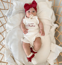 Load image into Gallery viewer, &#39;My First Christmas&#39; Singlet Frill Knit Romper, Topknot &amp; Booties Bundle