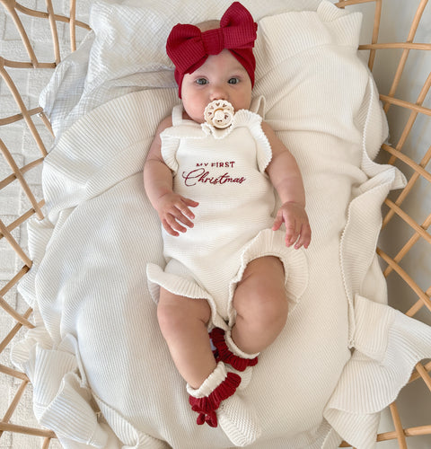 'My First Christmas' Singlet Frill Knit Romper, Topknot & Booties Bundle