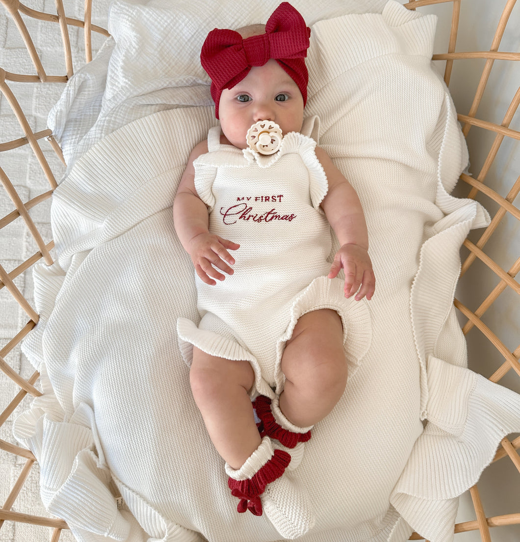 'My First Christmas' Singlet Frill Knit Romper, Topknot & Booties Bundle