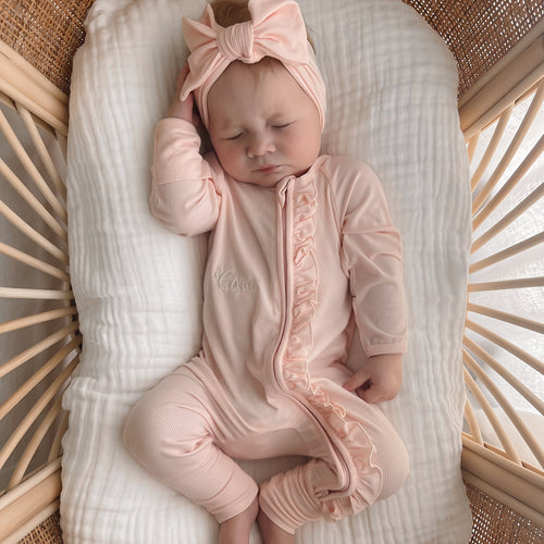 Ribbed Frill Bamboo Zip Growsuit - Peony Pink