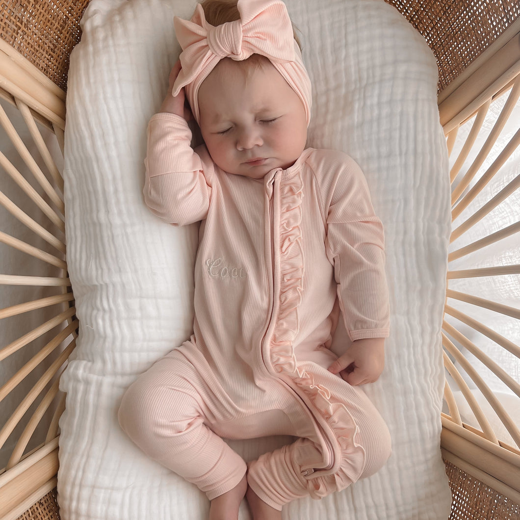 Ribbed Frill Bamboo Zip Growsuit - Peony Pink