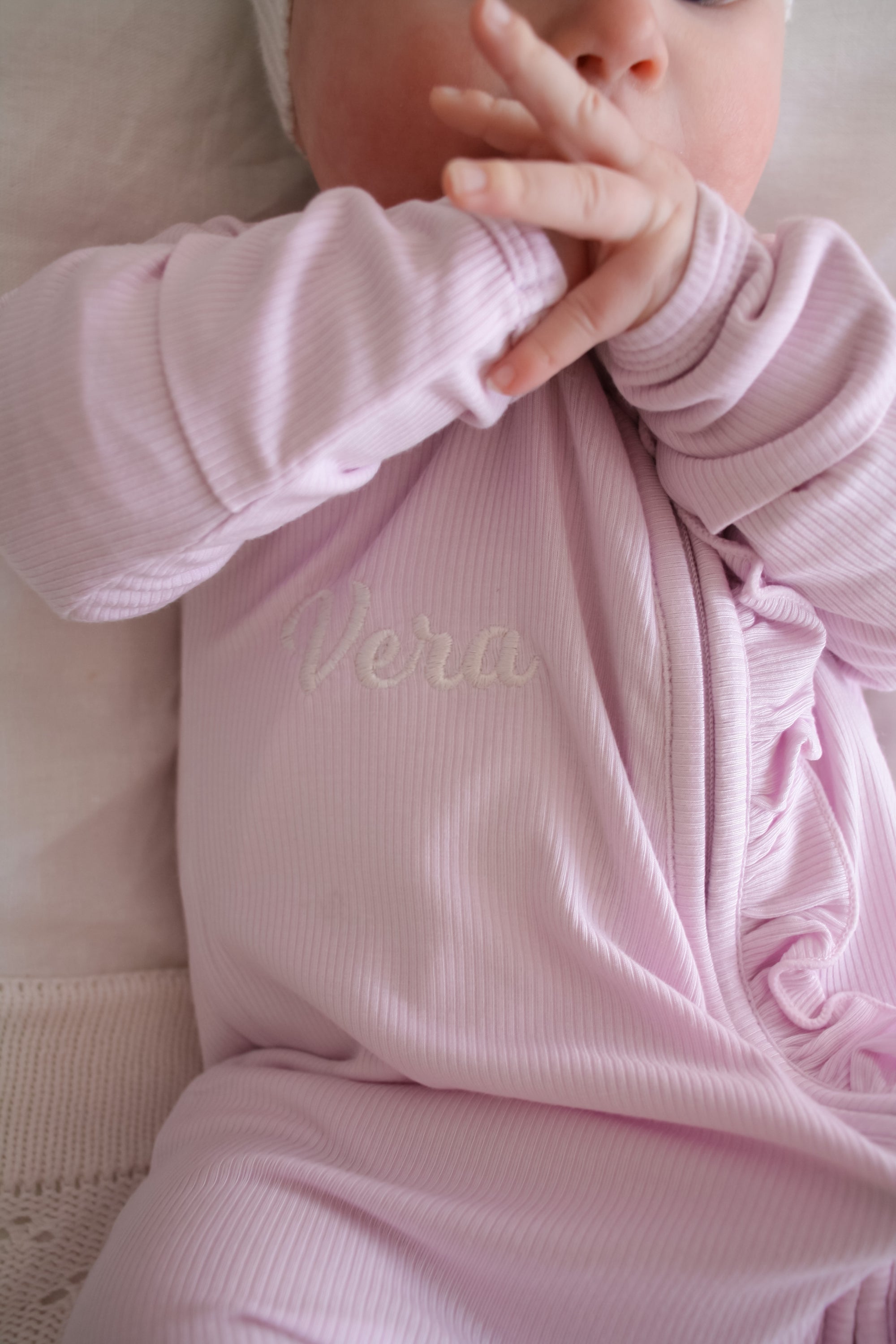 SALE Ribbed Frill Bamboo Zip Growsuit - Violet Purple