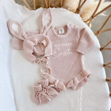 Load image into Gallery viewer, ‘My First Easter’ Long Sleeve Frill Knit Romper, Flopsy Bonnet &amp; Booties Bundle - Pink Lemonade