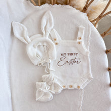 Load image into Gallery viewer, ‘My First Easter’ Singlet Knit Romper, Flopsy Bonnet &amp; Booties Bundle - Milk