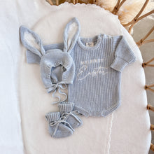Load image into Gallery viewer, ‘My First Easter’ Long Sleeve Knit Romper, Flopsy Bonnet &amp; Booties Bundle - Powder Blue