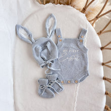 Load image into Gallery viewer, ‘My First Easter’ Singlet Knit Romper, Flopsy Bonnet &amp; Booties Bundle - Powder Blue