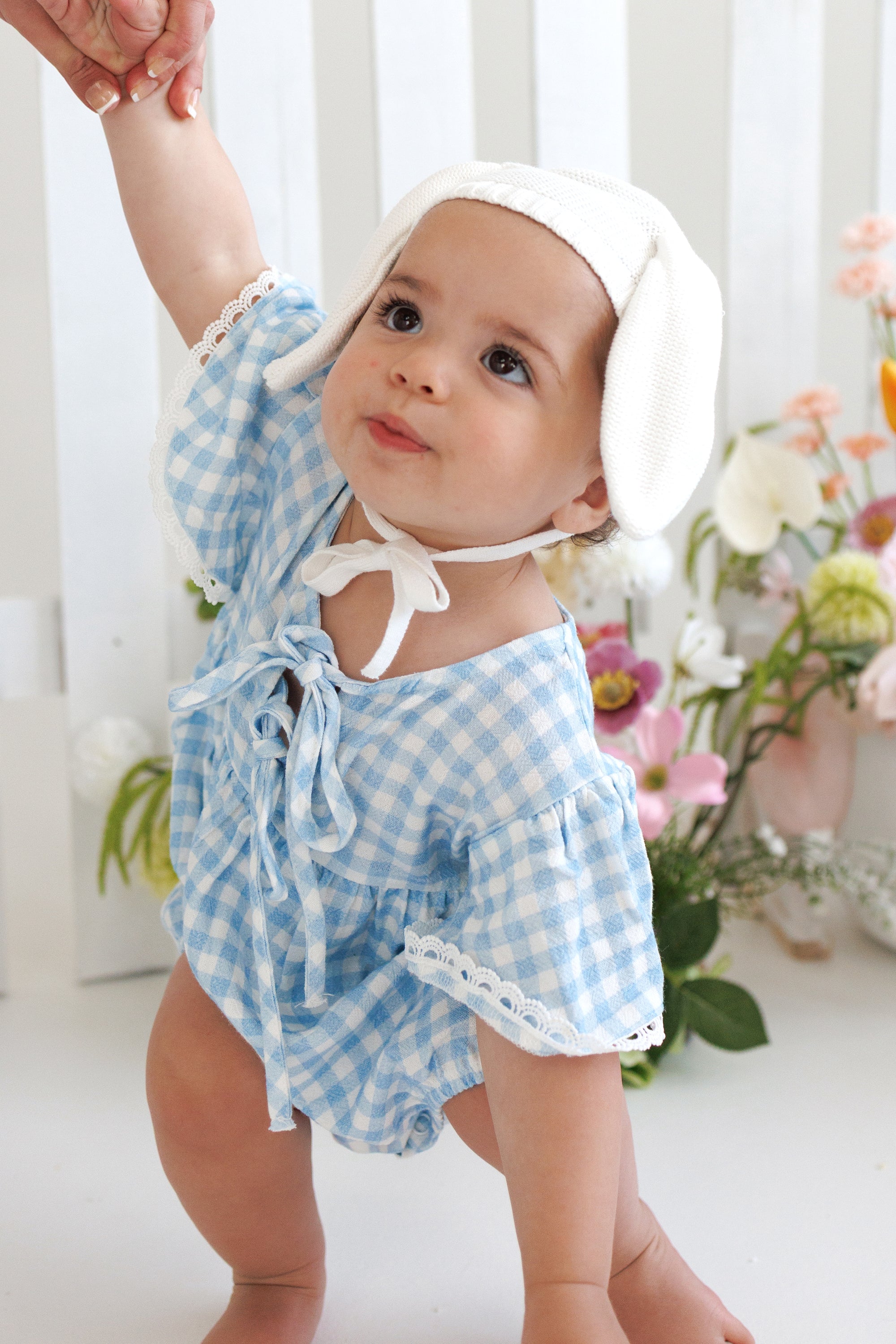 Bluebird Gingham Flutter Sleeve Romper