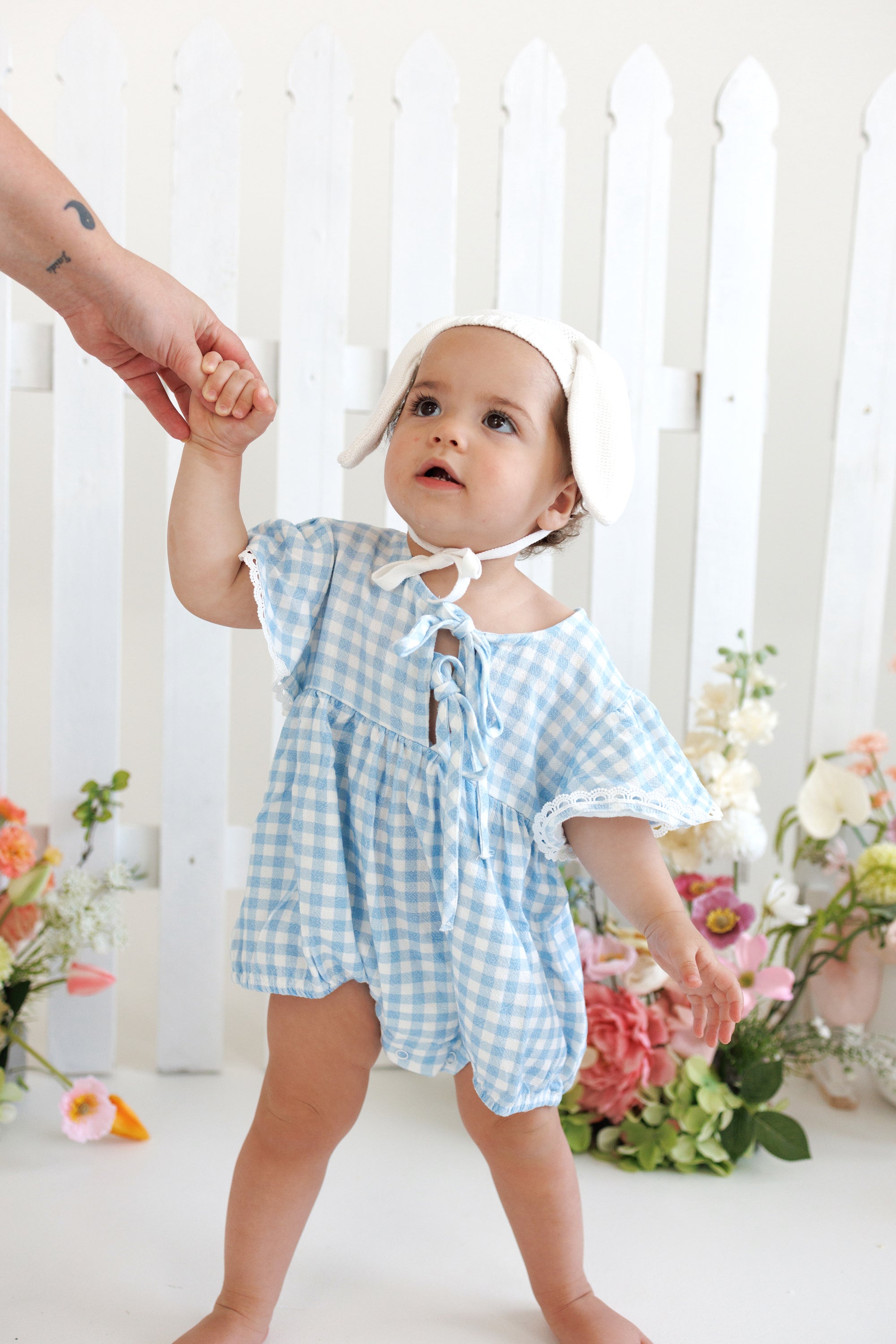 Bluebird Gingham Flutter Sleeve Romper