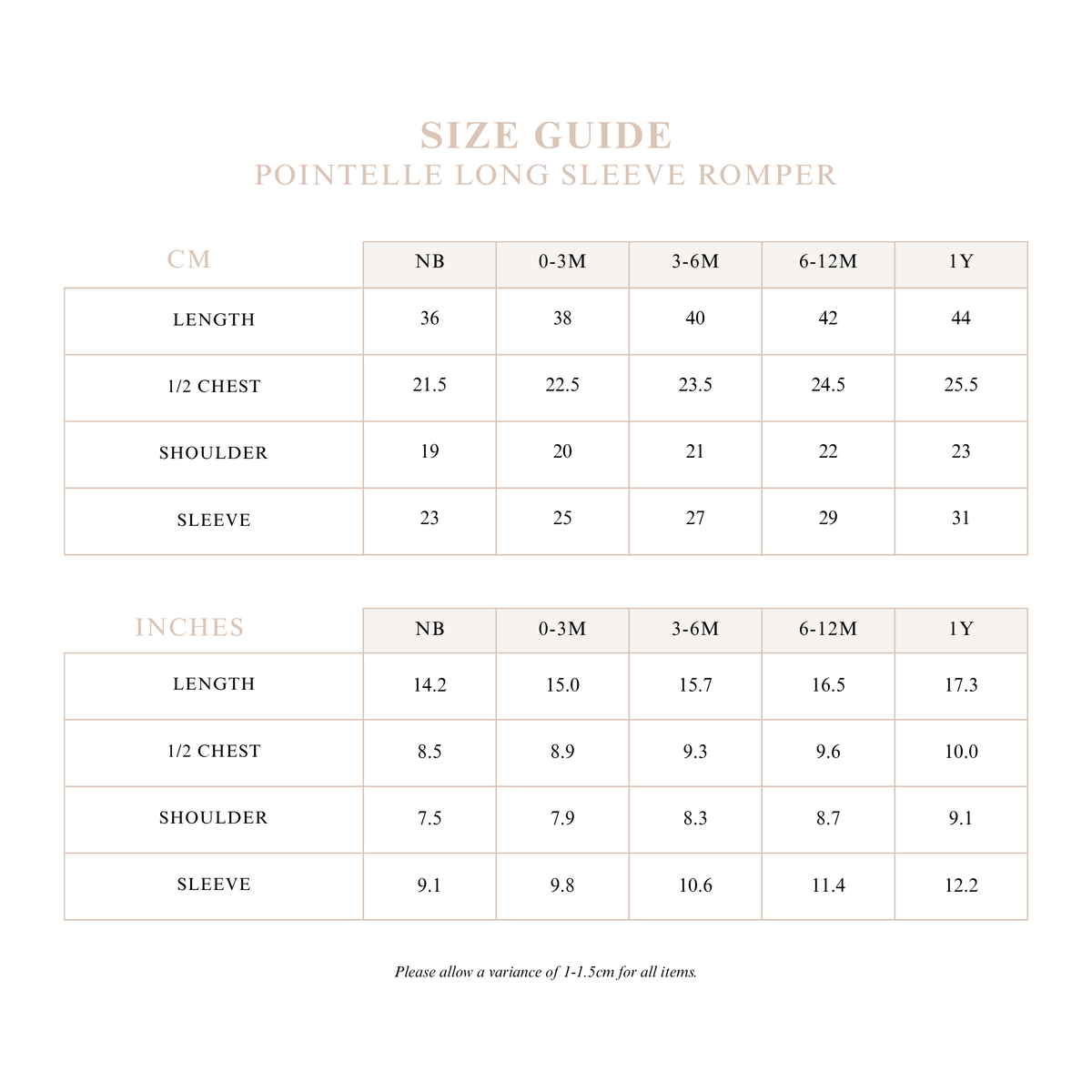 Pointelle Long Sleeve Romper size guide with length, half chest, shoulder and sleeve measurements in centimetres and inches for sizes NB to 1Y