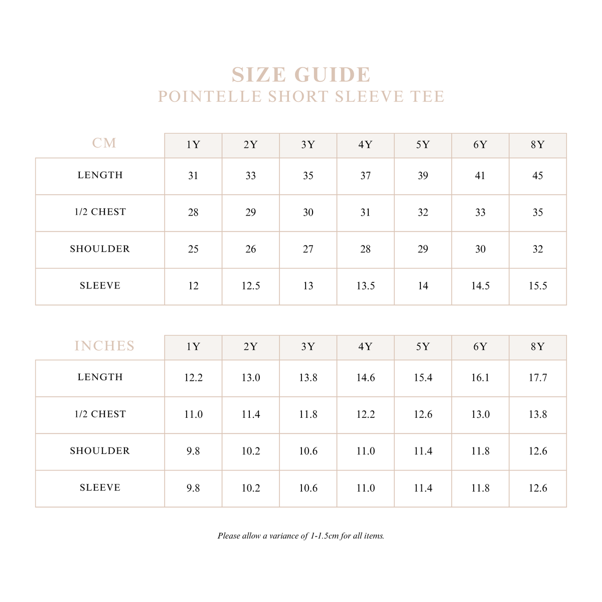 Pointelle Short Sleeve Tee size guide with length, half chest, shoulder and sleeve measurements in centimetres and inches for sizes 1Y to 8Y