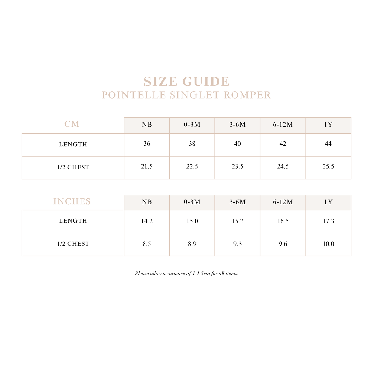 Pointelle Singlet Romper size guide with length and half chest measurements in centimetres and inches for sizes NB to 1Y