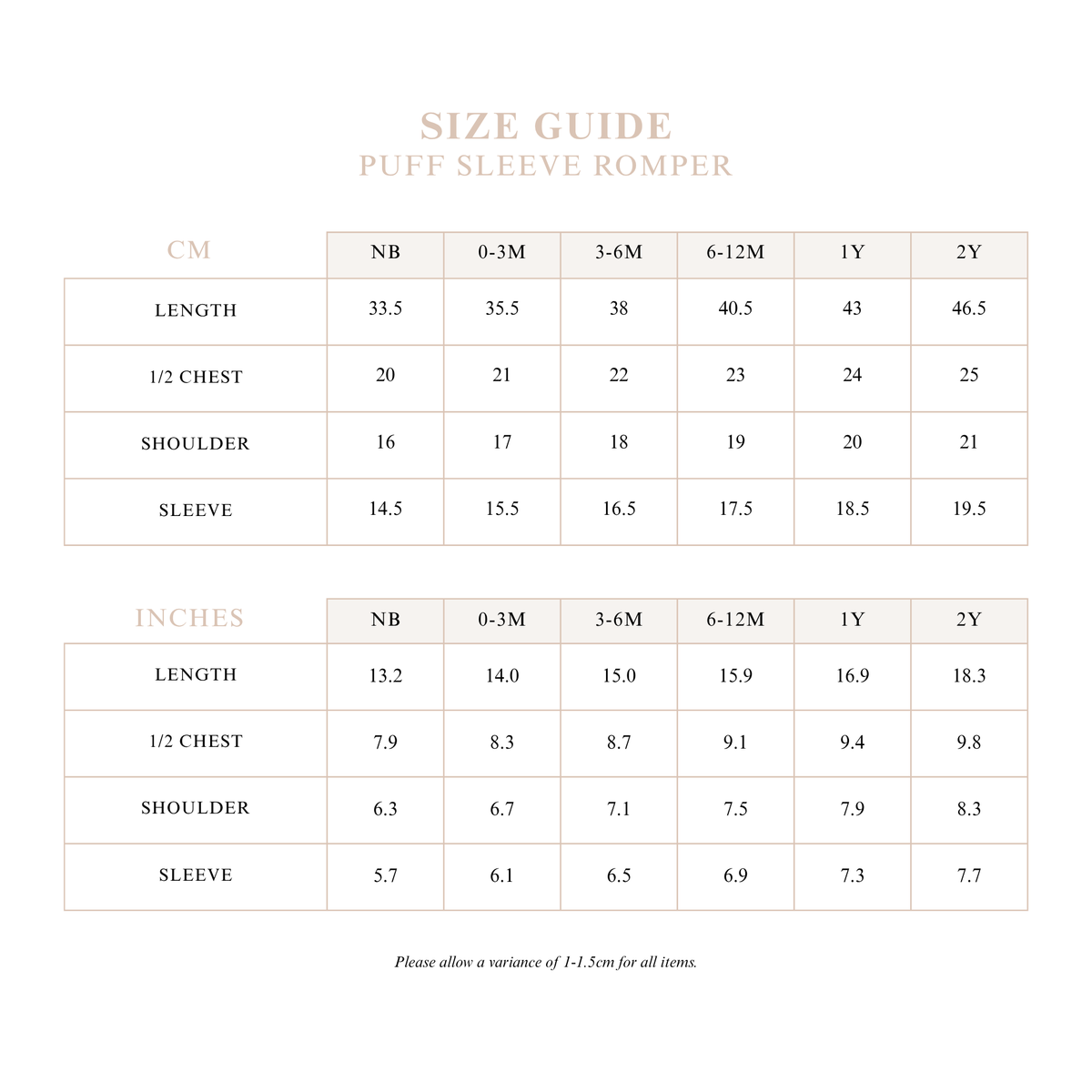 Puff Sleeve Romper size guide with length, half chest, shoulder and sleeve measurements in centimetres and inches for sizes NB to 2Y