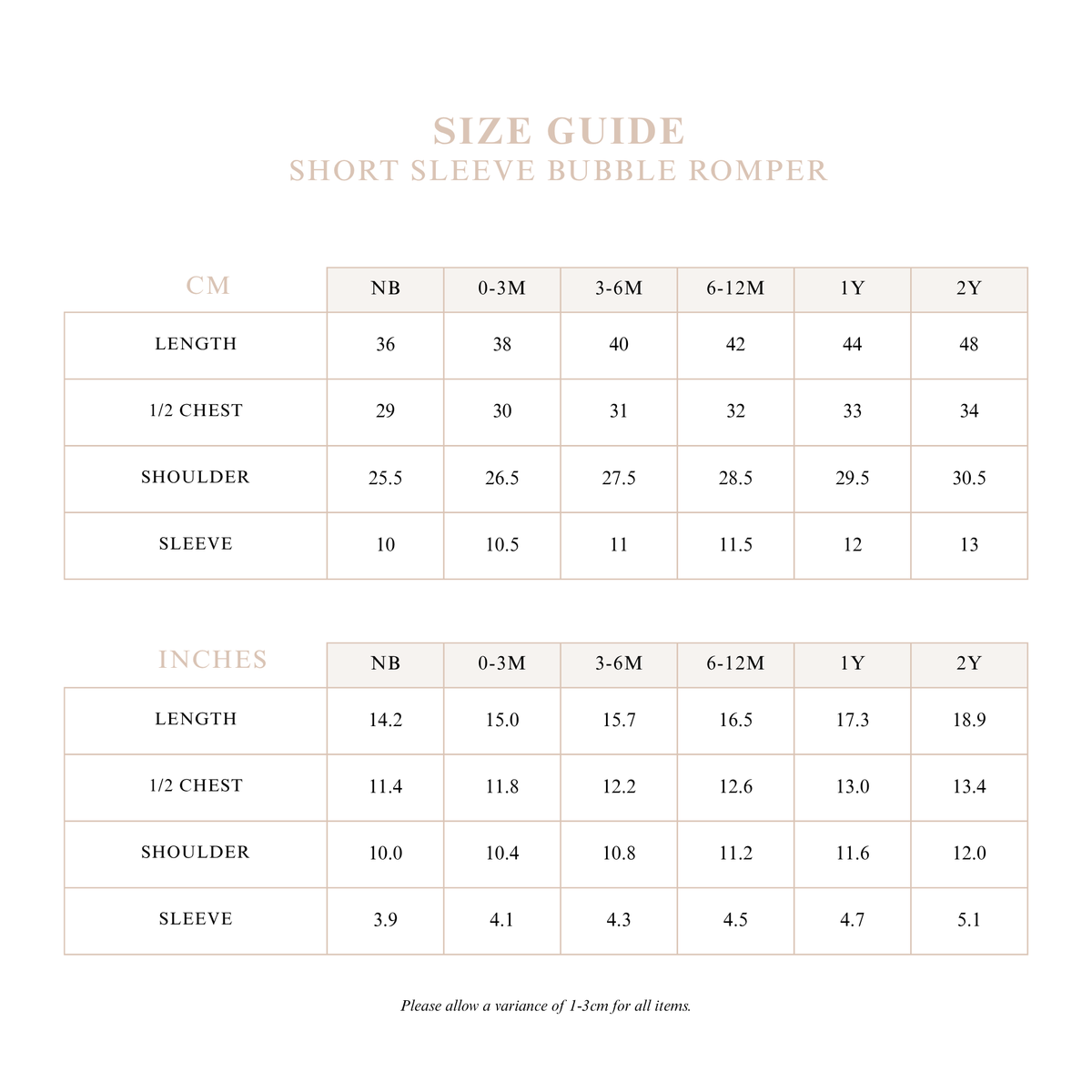 Short Sleeve Bubble Romper size guide with length, half chest, shoulder and sleeve measurements in cm and inches from newborn to 2Y