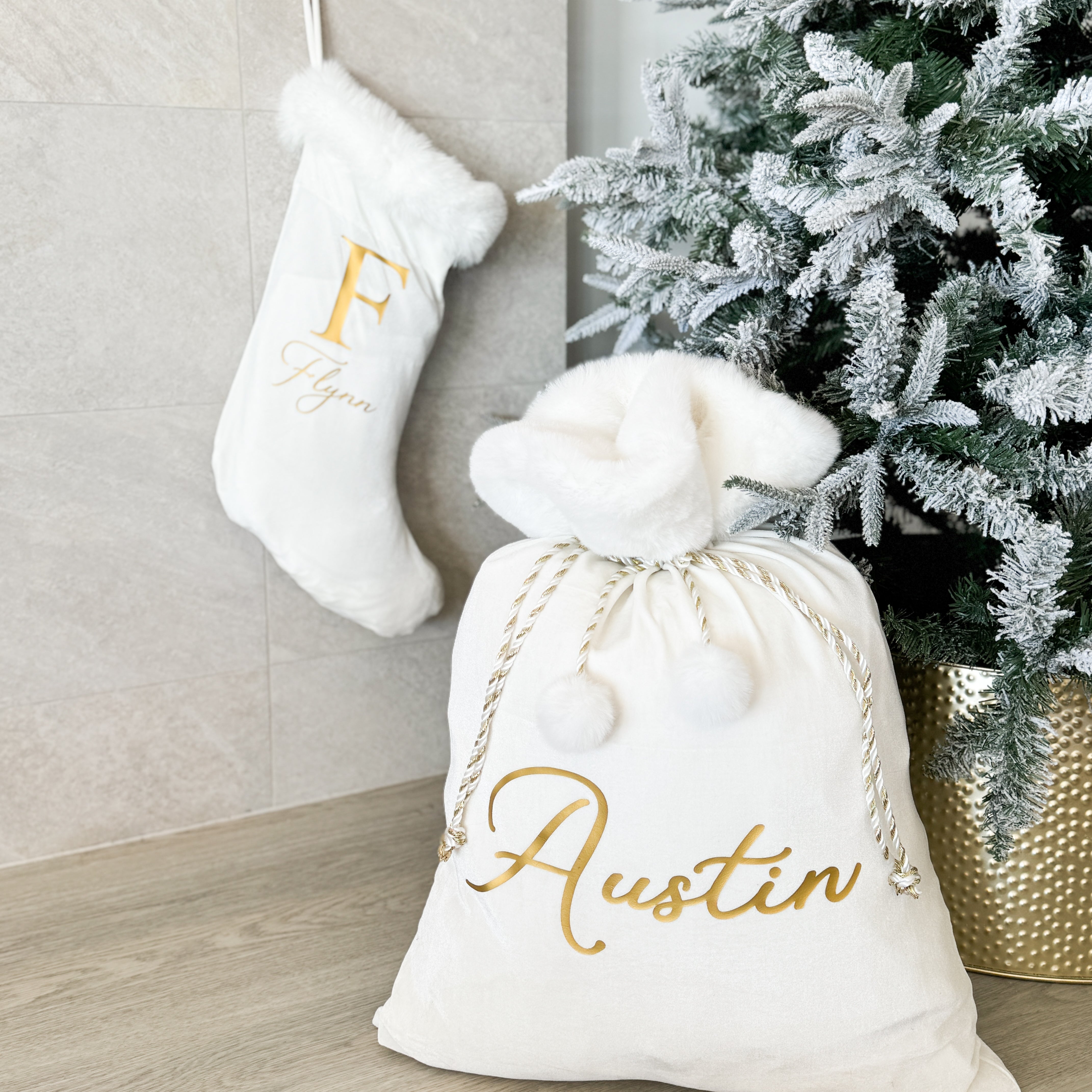 Personalised Holiday Santa Sack Stocking Bundle Ivory PRE ORDER  Dispatch Late November