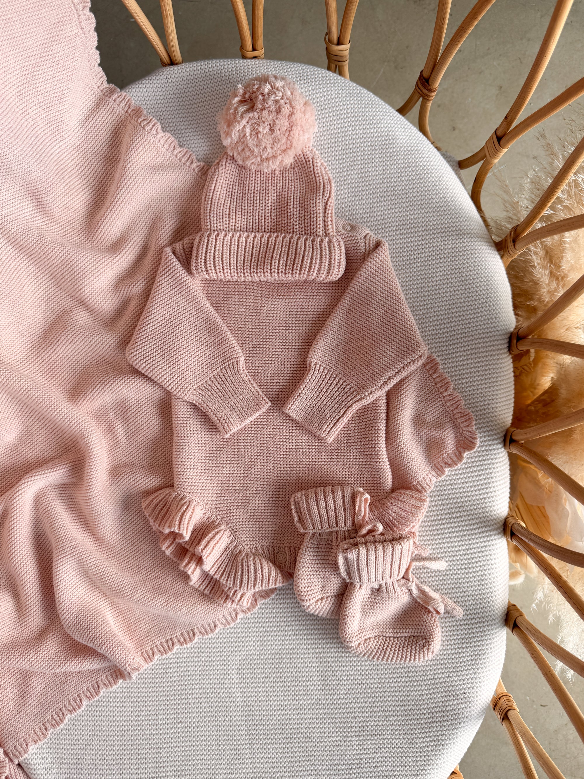 Long Sleeve Frill Leg Knit Romper - Pink Lemonade