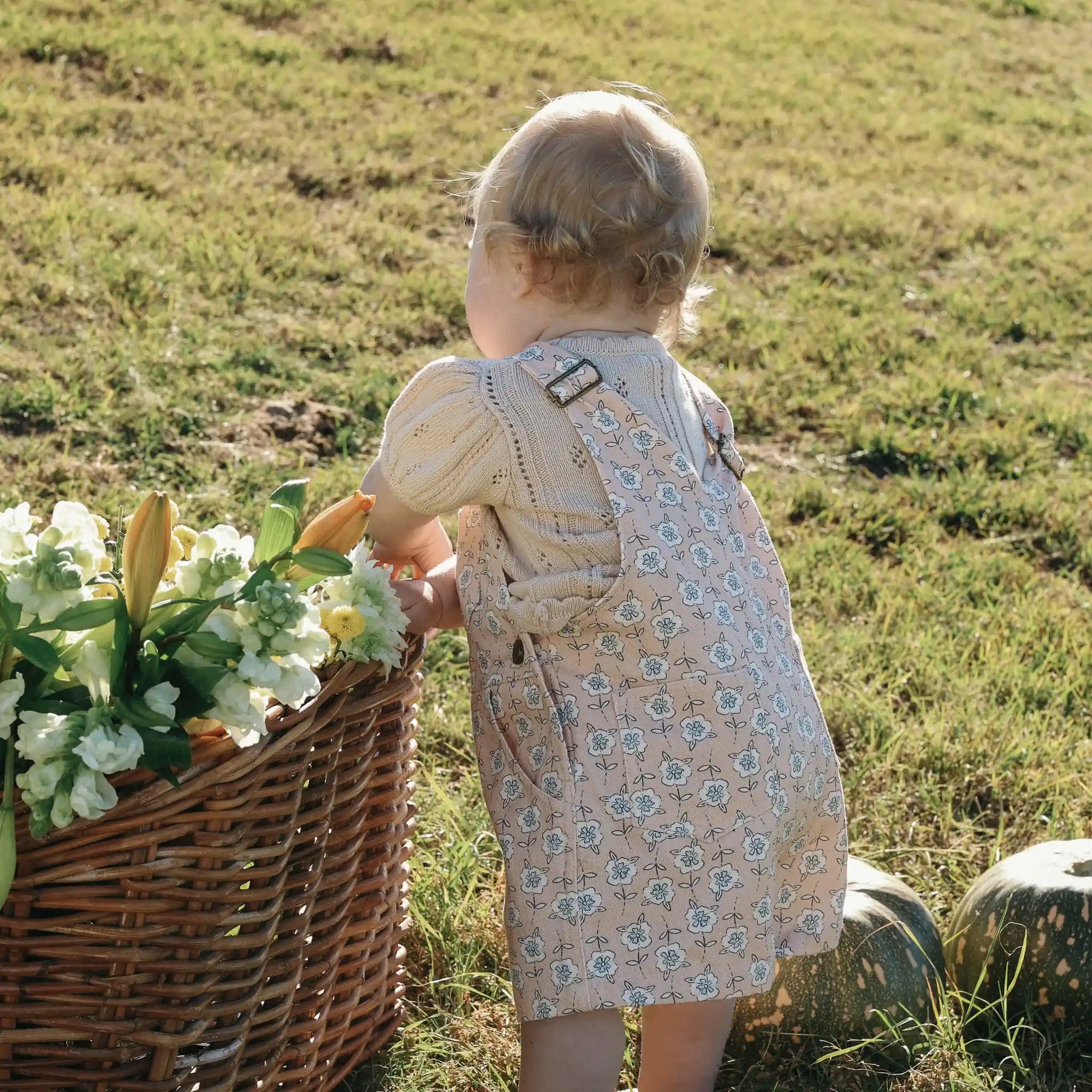 Baby in floral print overalls and a cream pointelle top reaching into a basket of flowers beside pumpkins