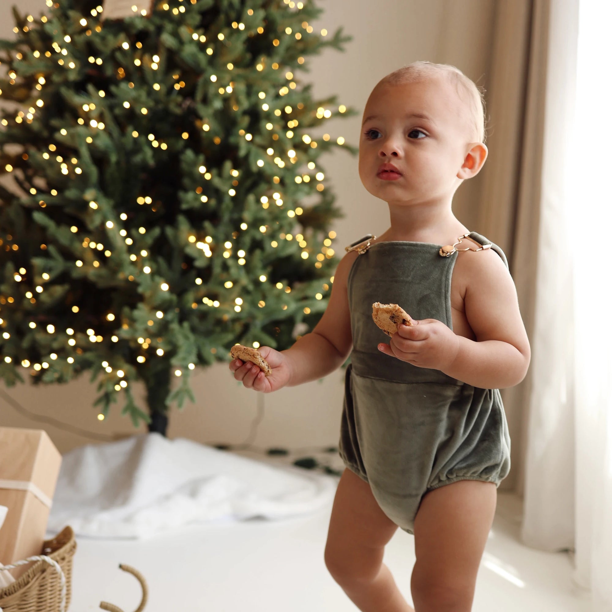 Baby in a green velvet overall romper holding cookies beside a lit Christmas tree