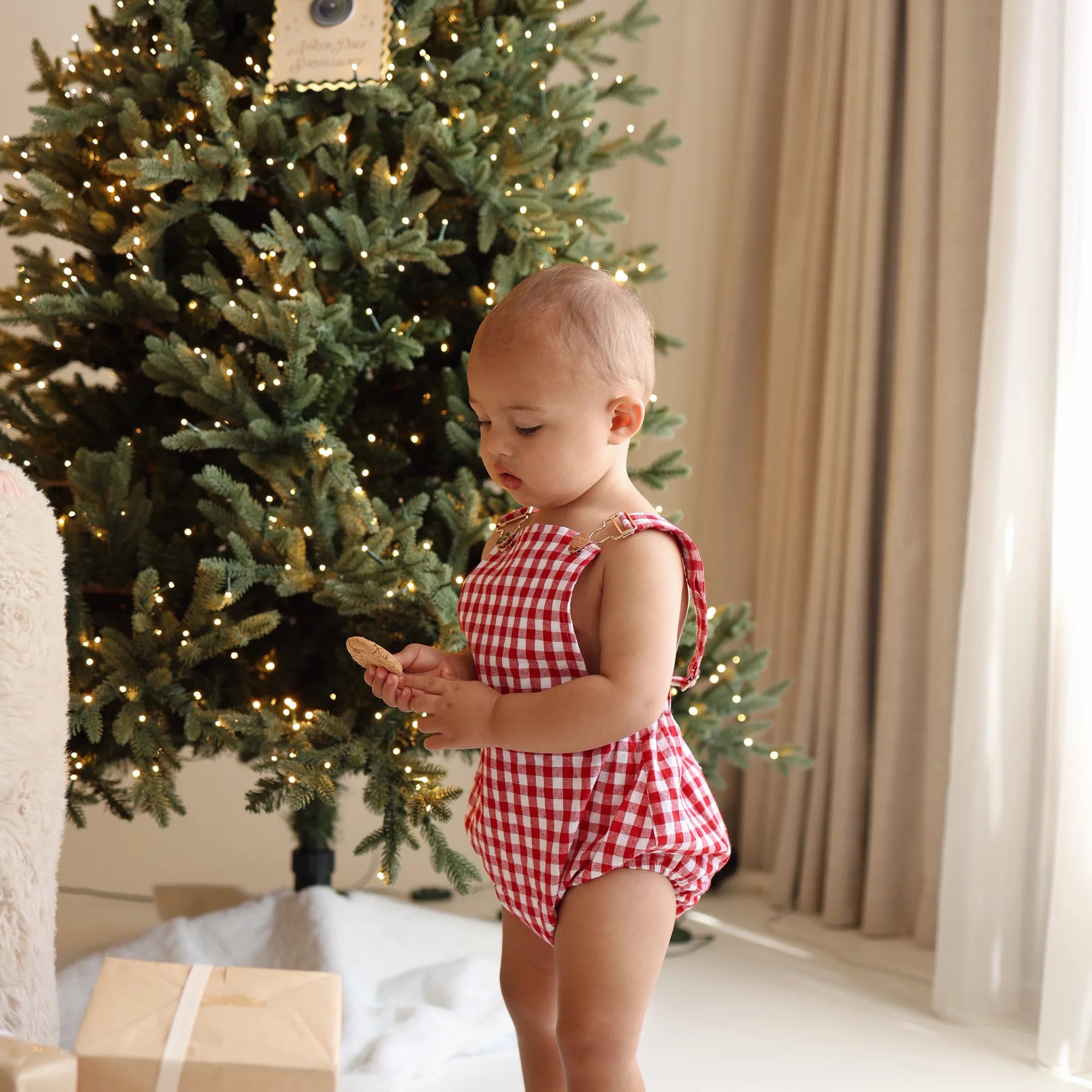 Baby in a red gingham romper looking down at a cookie beside a lit Christmas tree