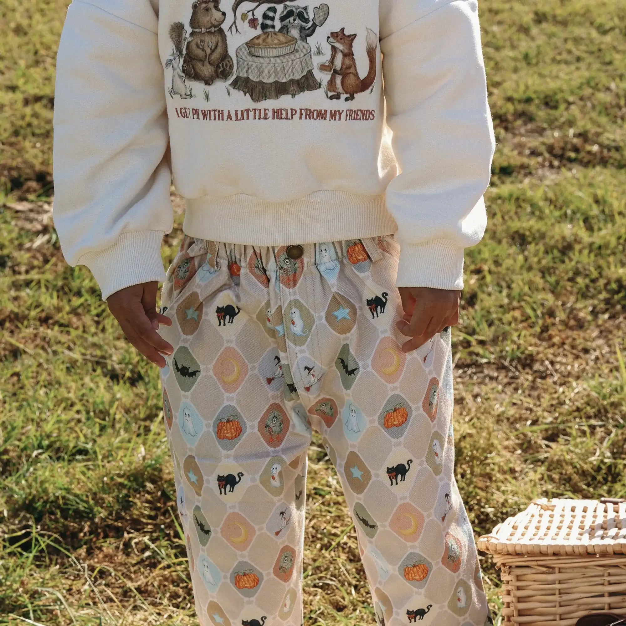 Toddler in a woodland animals I Get Pie sweatshirt and Halloween print pants standing on grass