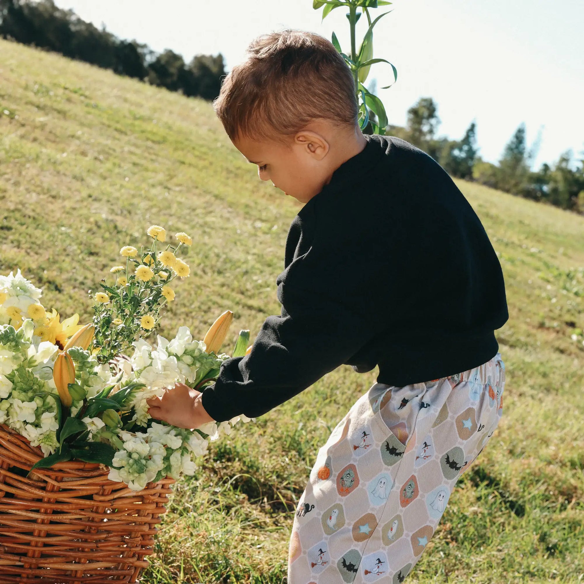 Toddler in a black Little Boo sweatshirt and Halloween print pants picking flowers from a wicker basket