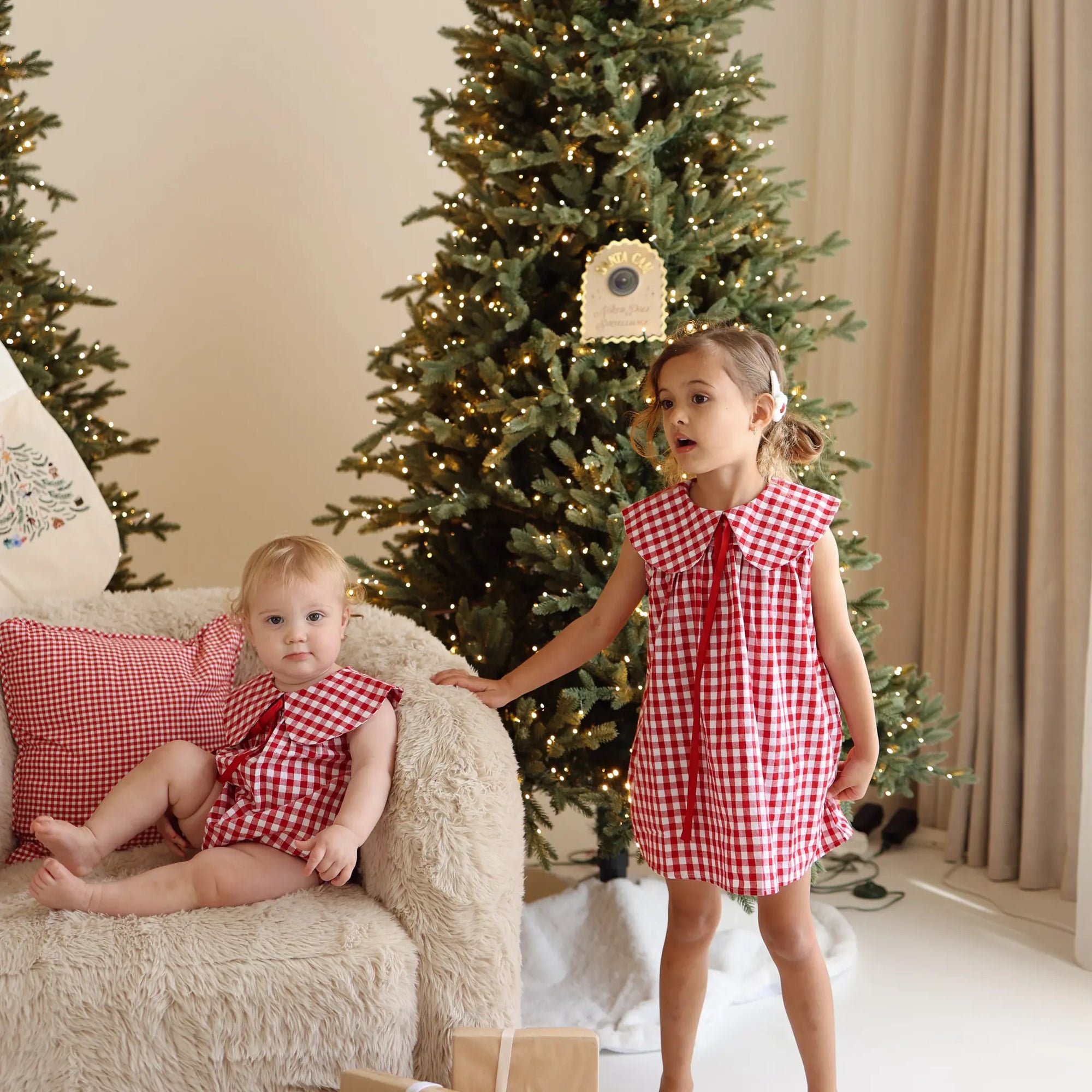 Girl in a red gingham collared Christmas dress standing beside a baby in a matching gingham romper