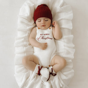 'My First Christmas' Singlet Knit Romper, Beanie & Booties Bundle
