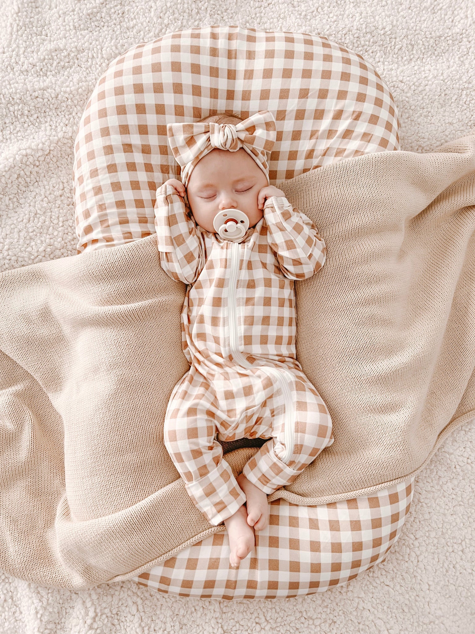 Caramel Gingham Bamboo Jersey Bassinet Sheet Change Table Cover Blossom and Pear