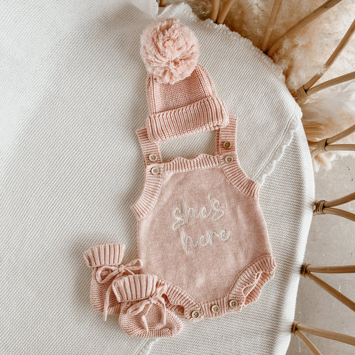 'She's Here' Singlet Romper & Beanie Bundle - Pink Lemonade