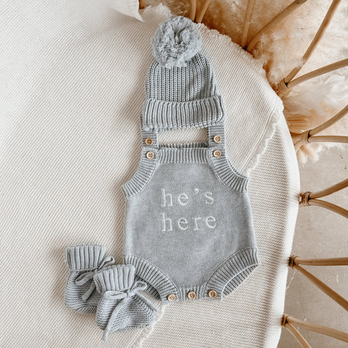 He's Here' Singlet Romper Bundle - Powder Blue