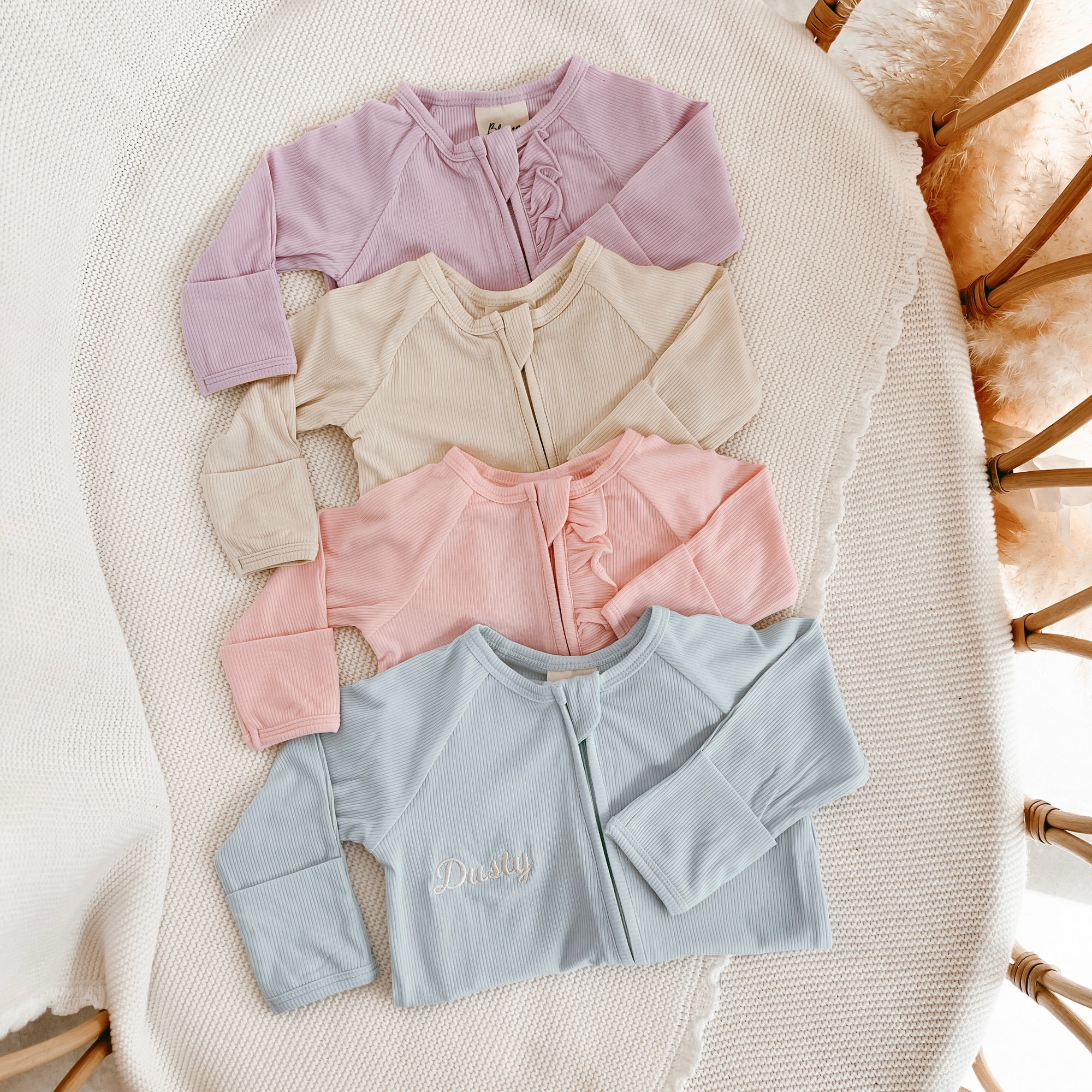 SALE Ribbed Frill Bamboo Zip Growsuit - Peony Pink