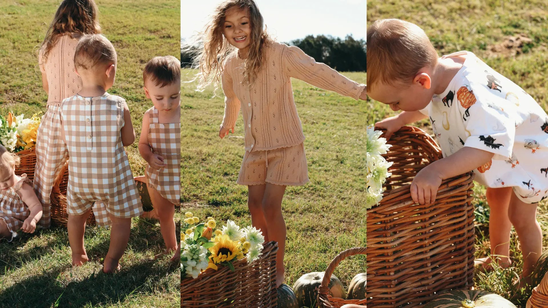 Children in tan gingham rompers and a pink pointelle knit set playing among wicker baskets and pumpkins