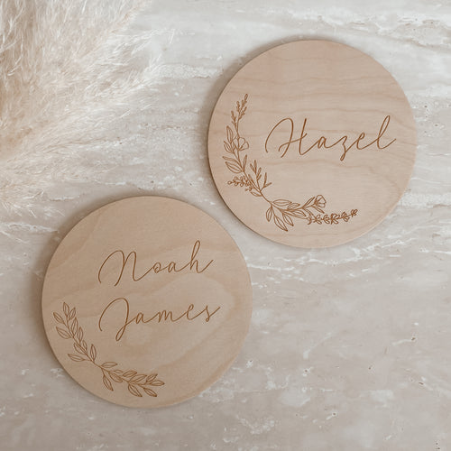 Custom Etched Wooden Name Plaque - Floral/Leaf - 15cm