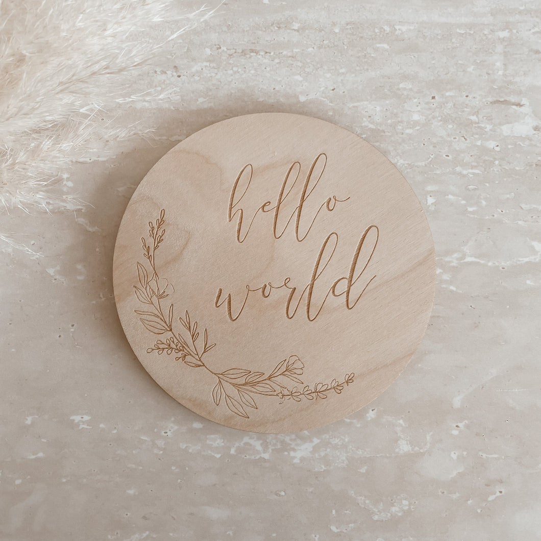 'Hello World' Etched Wooden Plaque - Leaf/Floral - 15cm