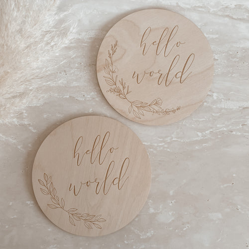 'Hello World' Etched Wooden Plaque - Leaf/Floral - 15cm