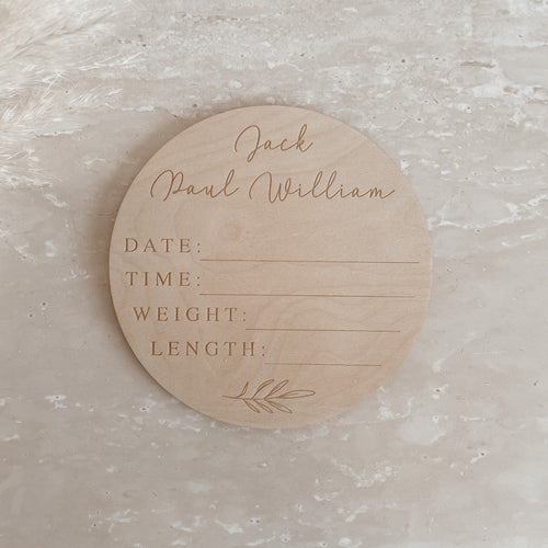 Custom Etched Wooden Name Plaque + Birth Details - 15cm
