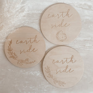 'Earth Side' Etched Wooden Plaque - Leaf/Floral/Moon - 15cm