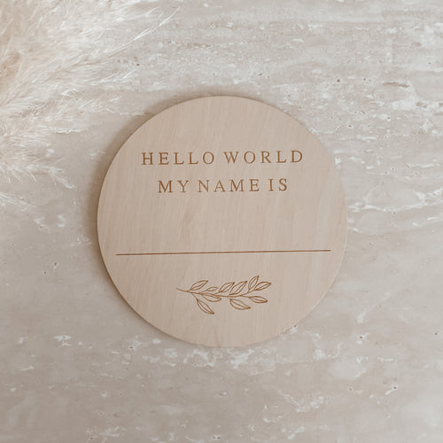 'Hello World My Name Is' Blank Lined Etched Wooden Name Plaque - Leaf - 15cm