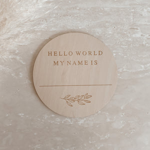 'Hello World My Name Is' Blank Lined Etched Wooden Name Plaque - Leaf - 15cm